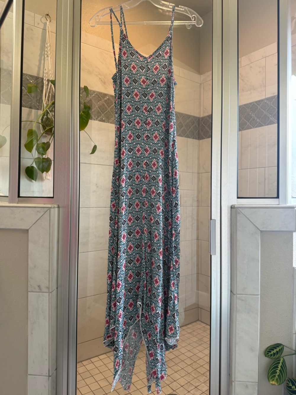 bailey blue Teal & Pink Geometric Handkerchief-Hem Maxi Dress